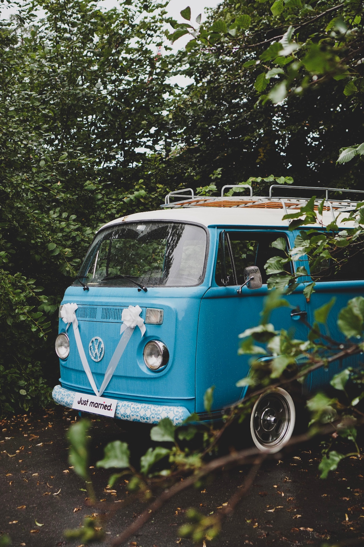Turkis VW-buss med hvite sløyfer og Just Married-skilt parkert mellom grønt løvverk